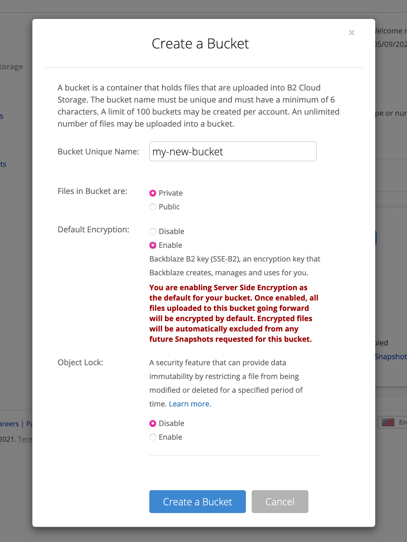 The &ldquo;create bucket&rdquo; interface