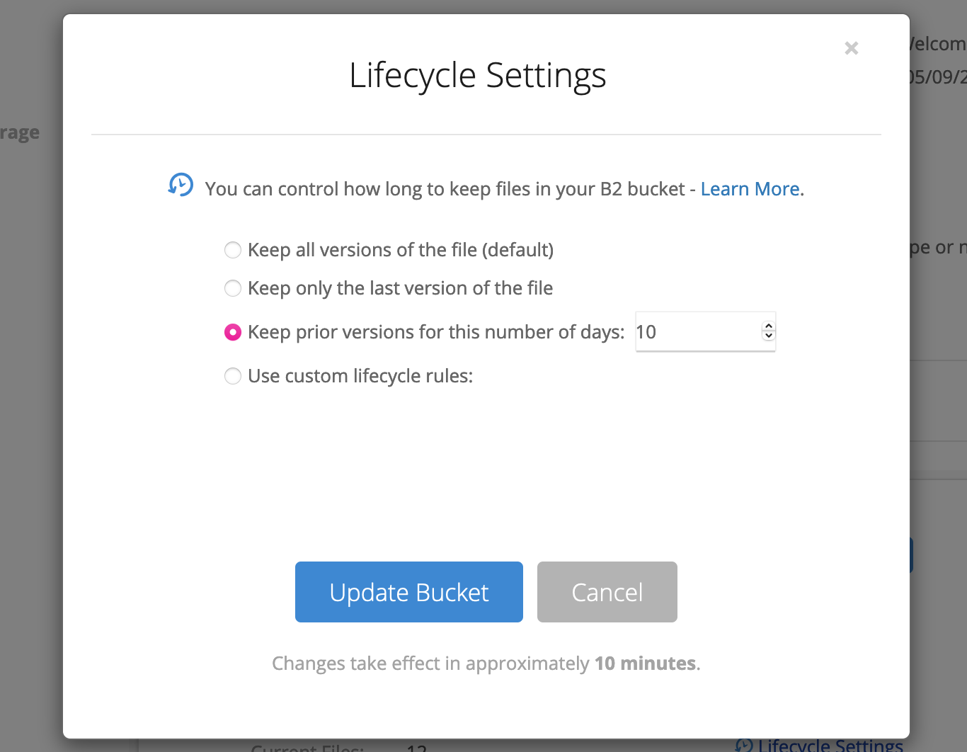 The "lifecycle settings" interface