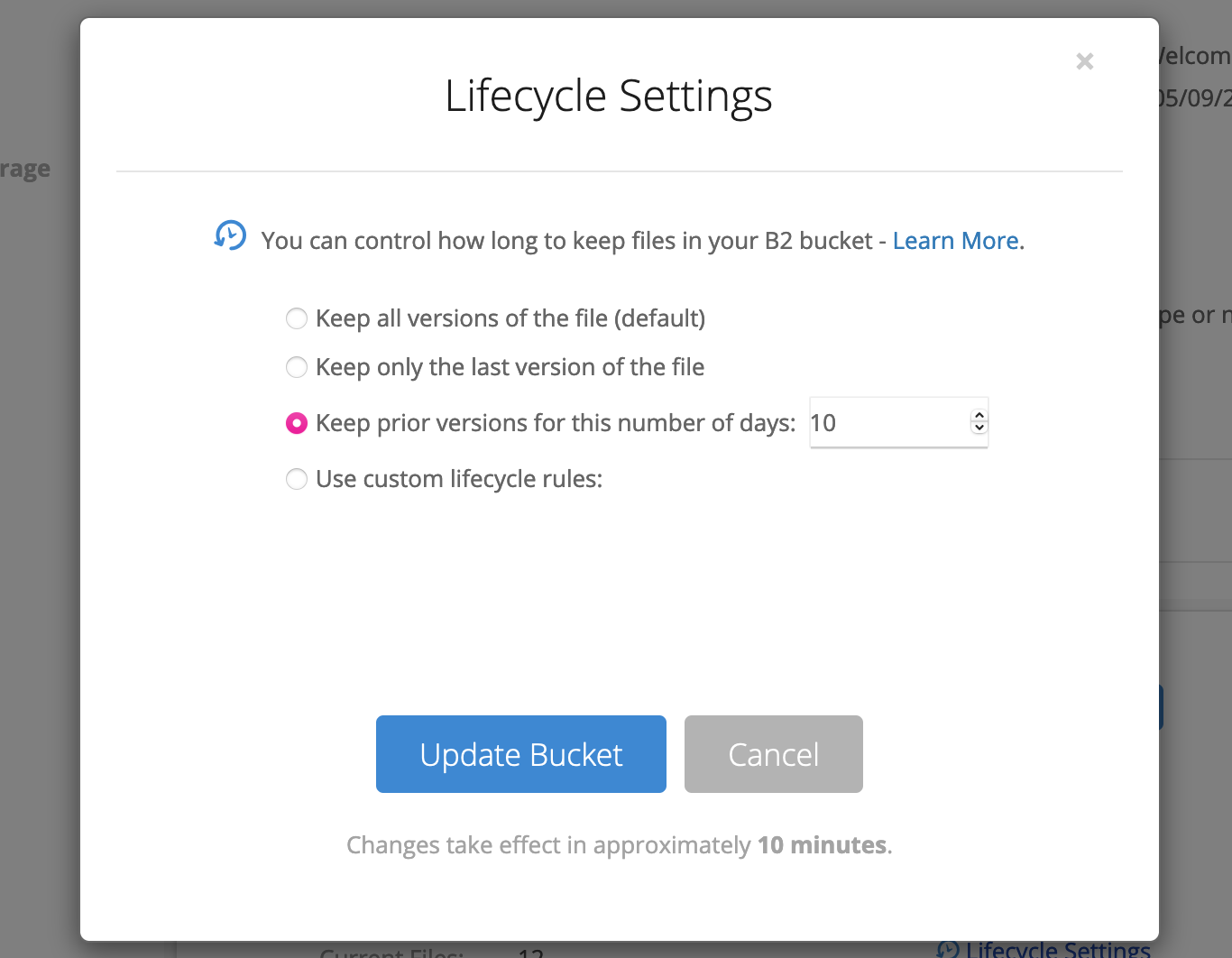 The “lifecycle settings” interface