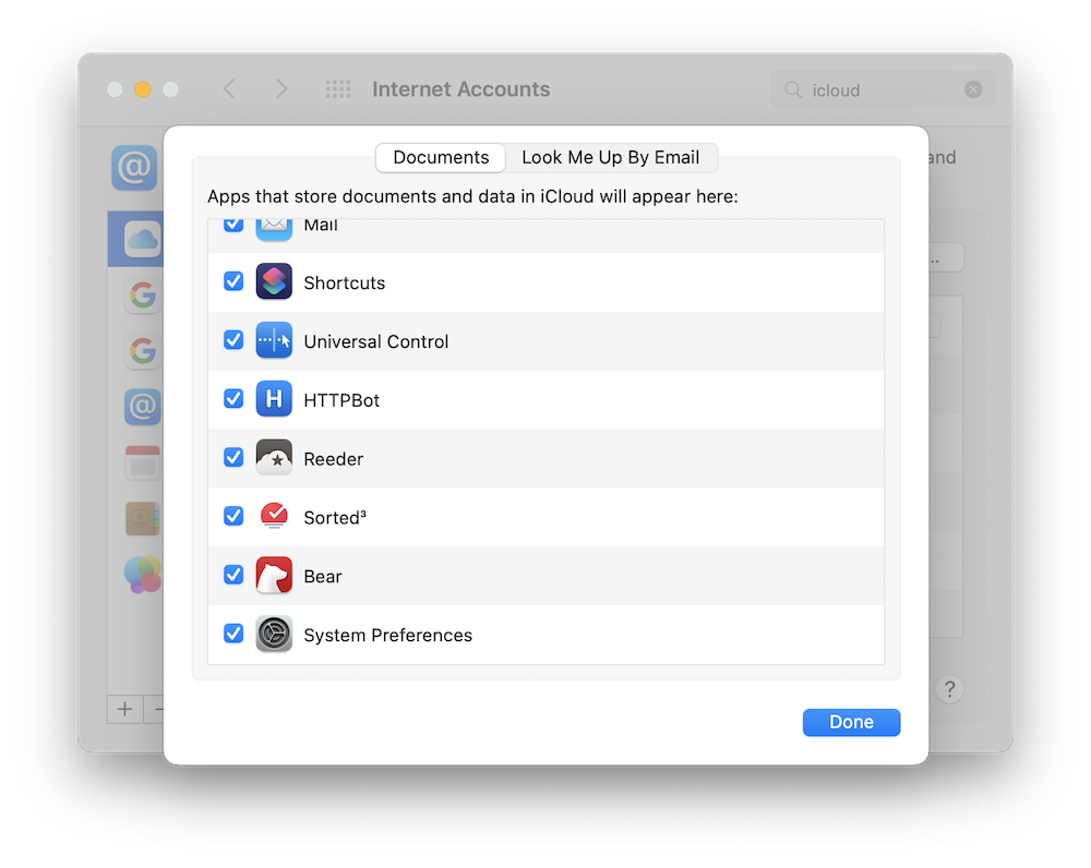 iCloud settings listing the Bear app