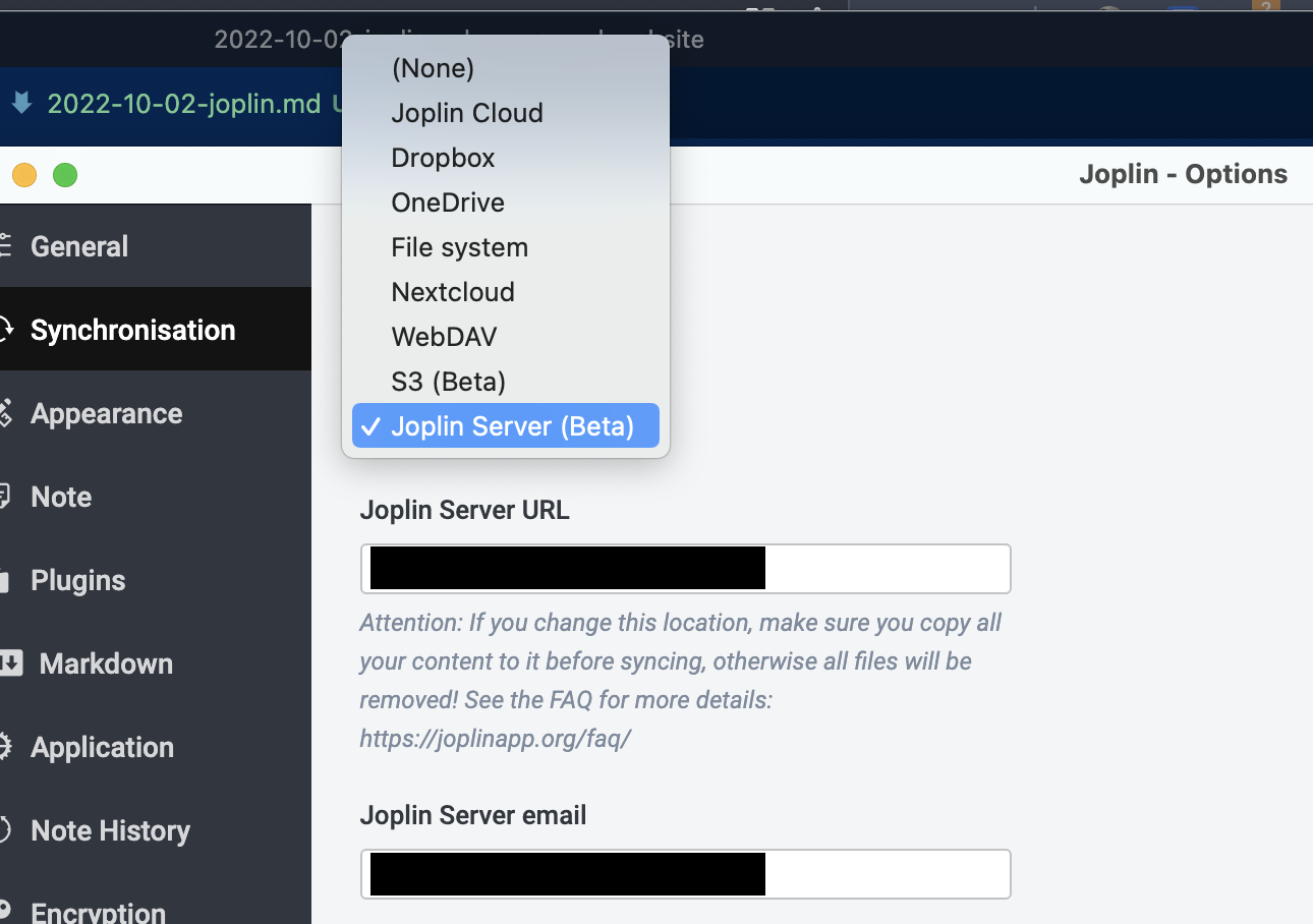 Joplin app sync target options