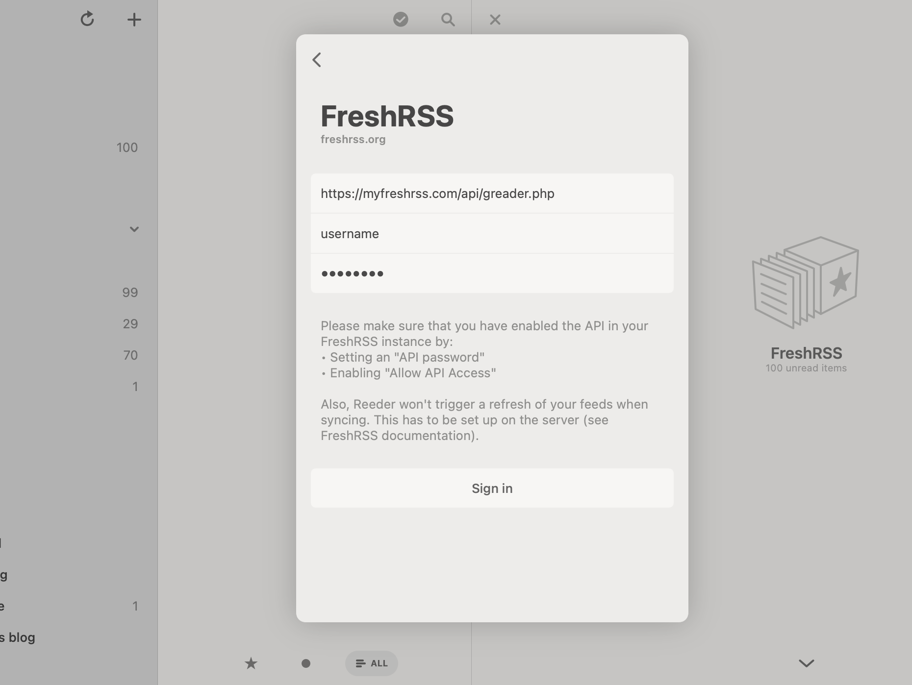 Adding a new FreshRSS server in Reeder