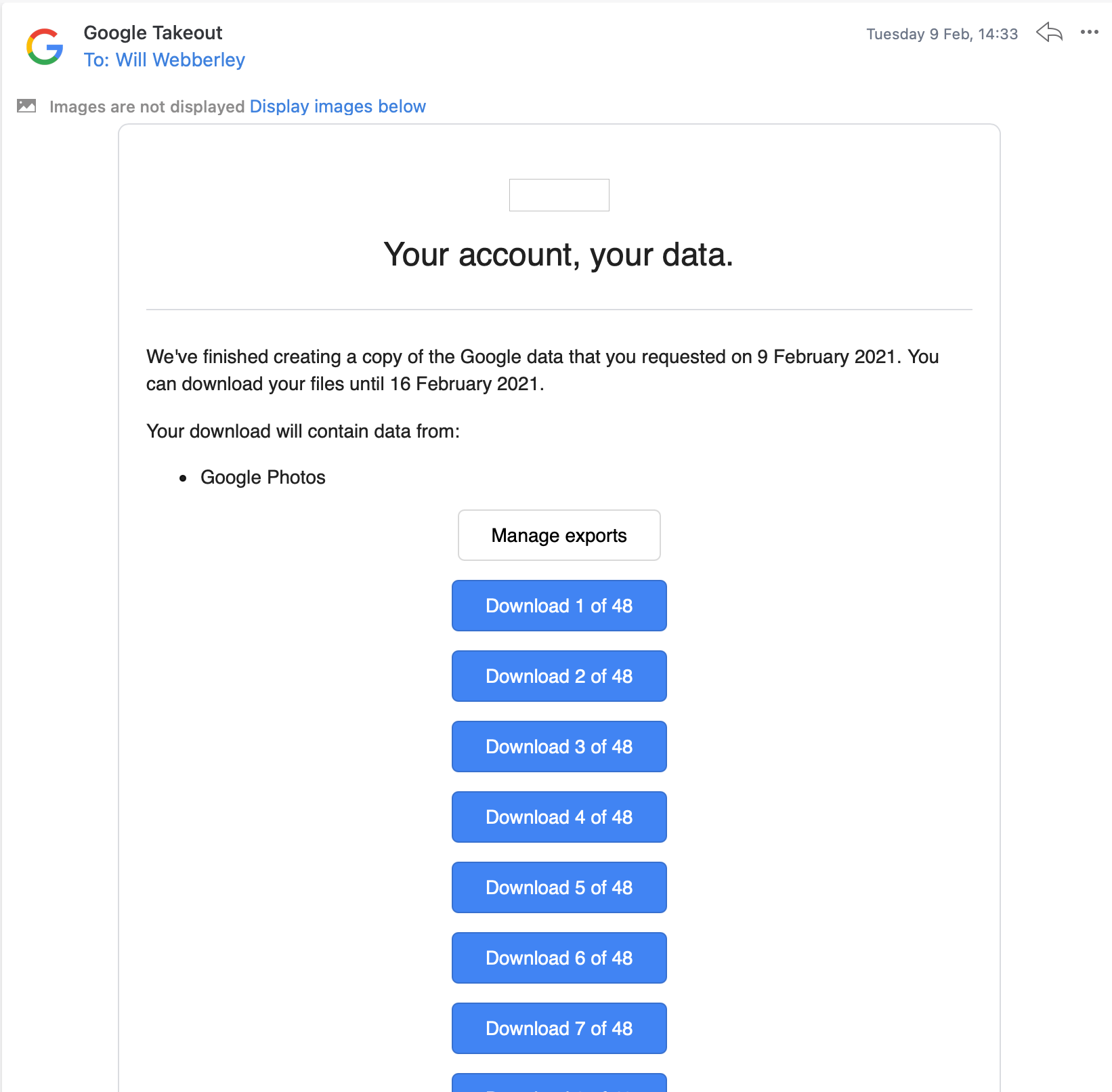 Email from Google Takout listing lots of download buttons