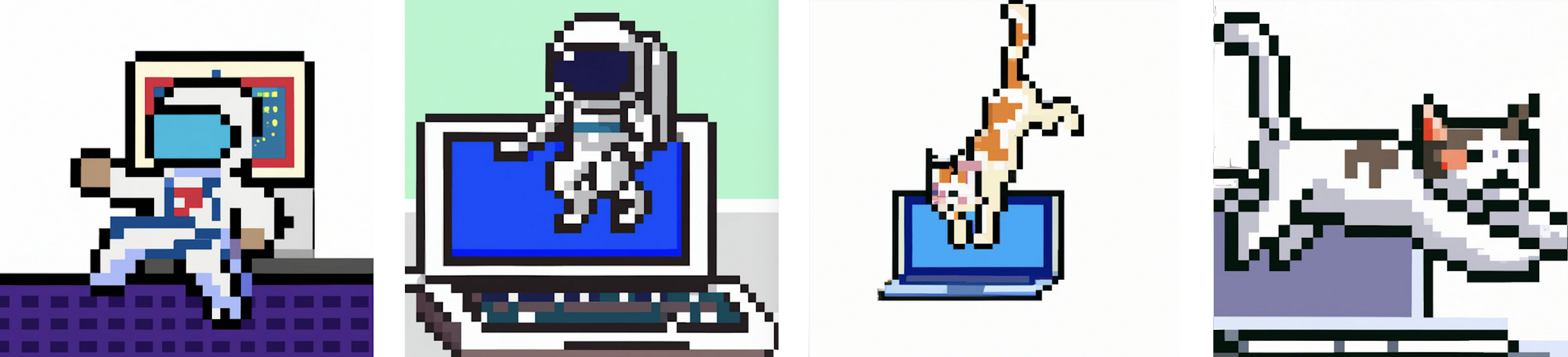 AI generated pixel art of astronauts and cats jumping over computers.