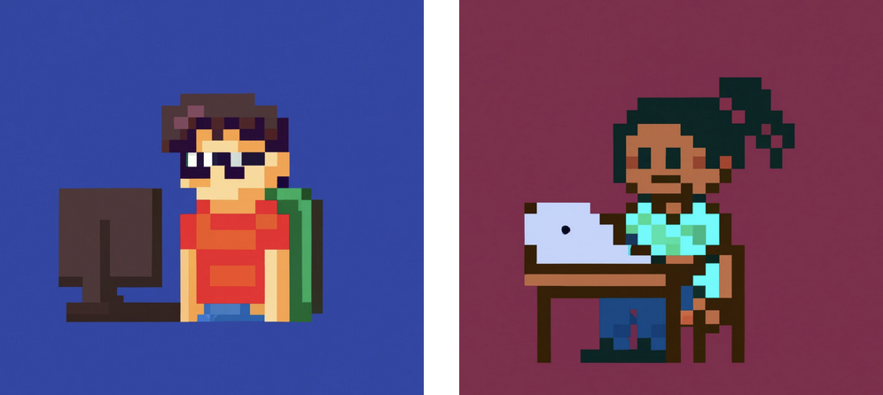 Pixel art of people coding.