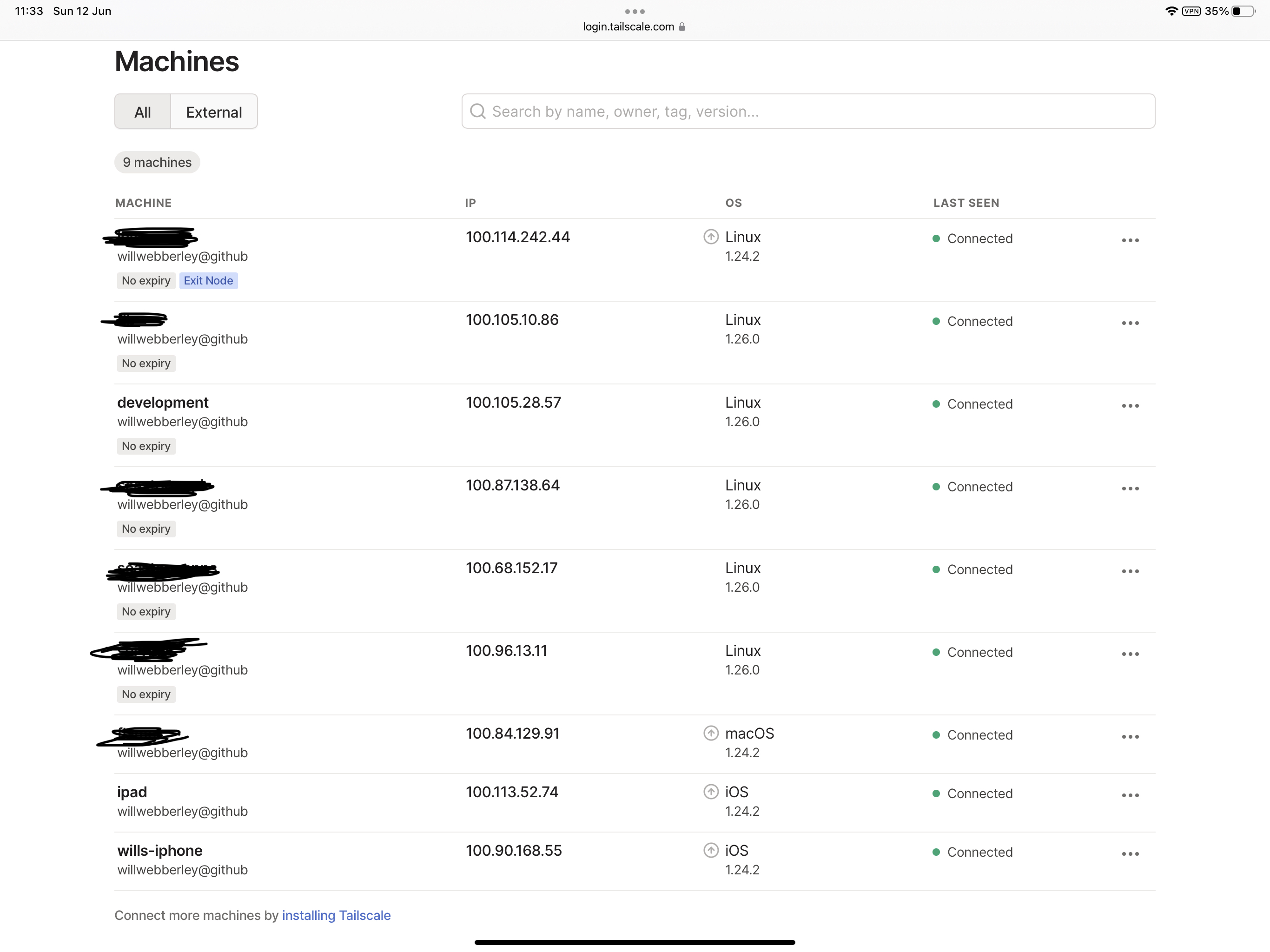 Tailscale website showing my development server listed amongst my devices