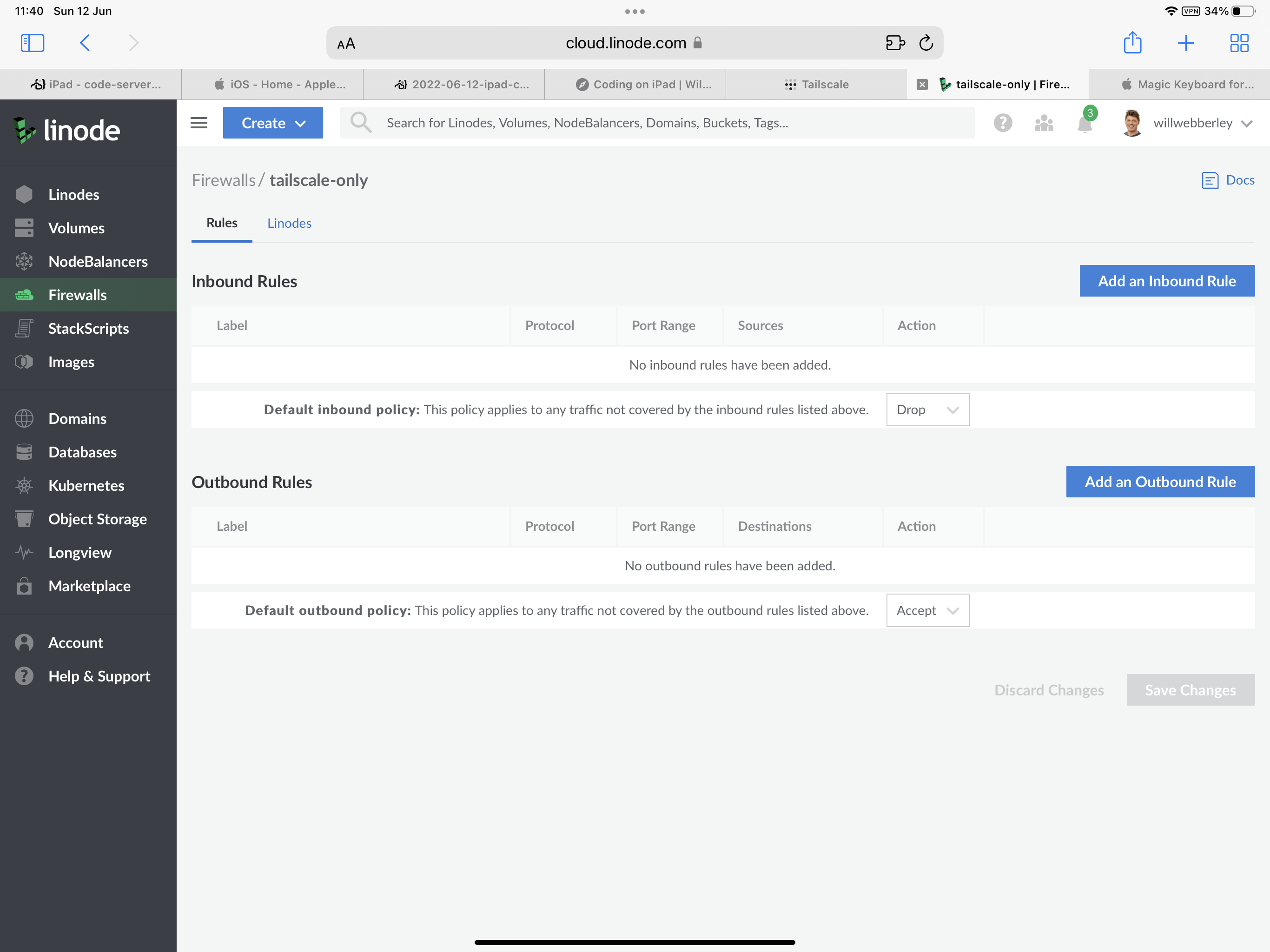 Linode dashboard showing a firewall that is dropping all traffic