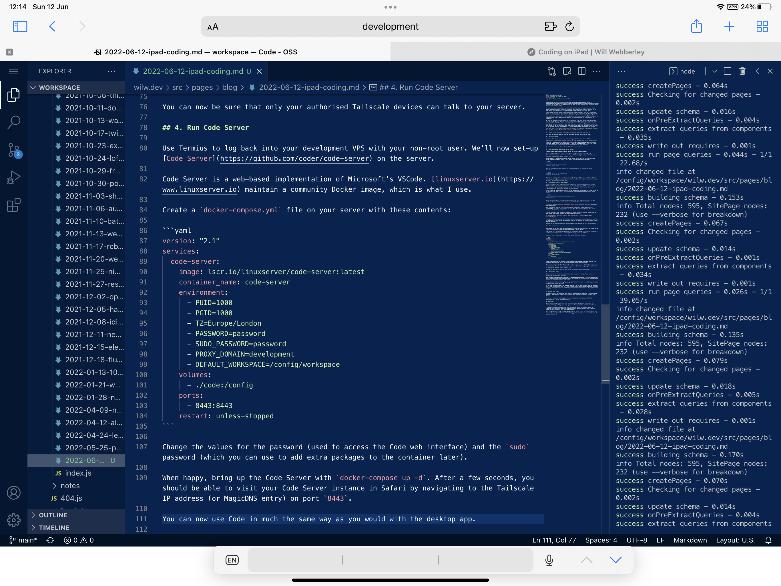 My Code Server running in Safari