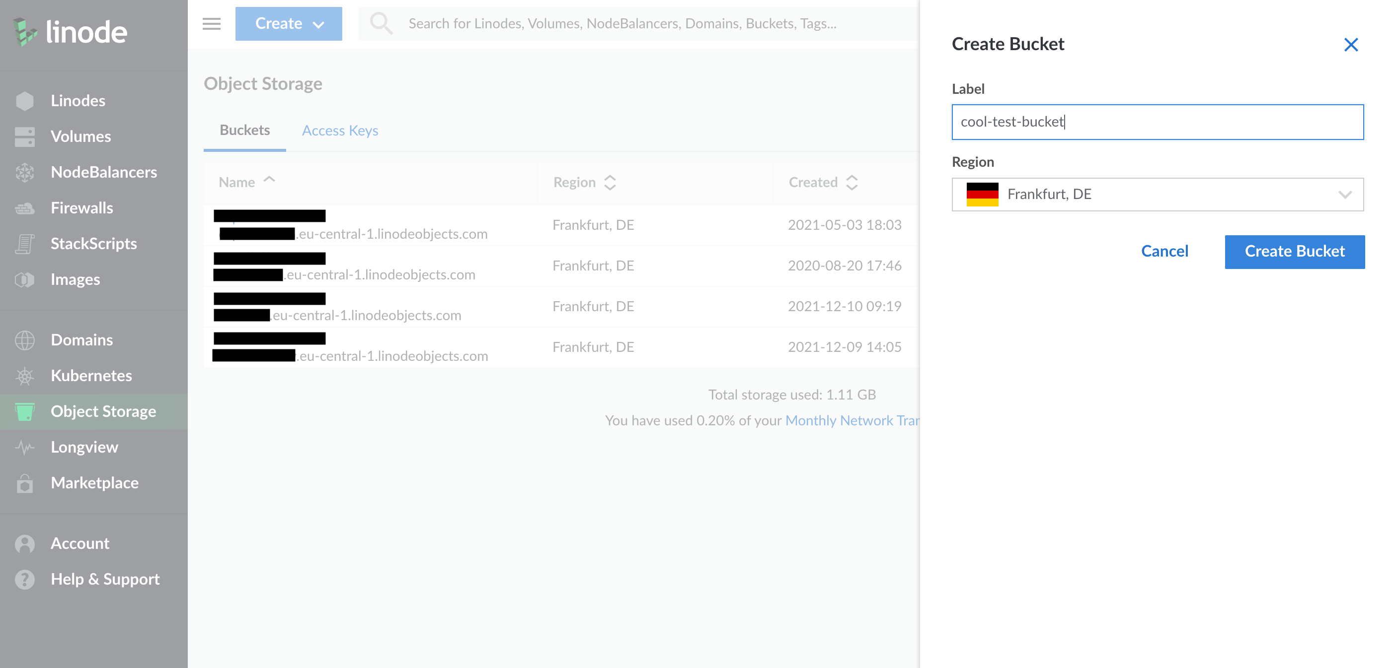 Creating a new bucket in the Linode console