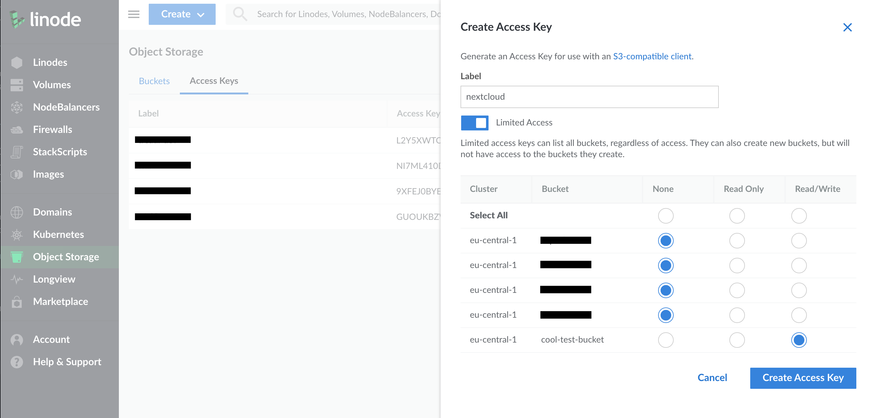 Creating an access key for the new bucket