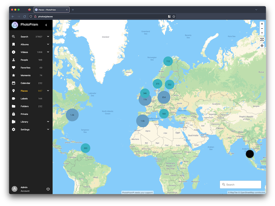 A screenshot showing my Photoprism library&rsquo;s &ldquo;map&rdquo; view