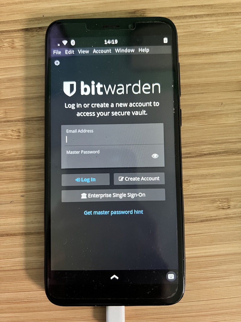 Bitwarden login screen shown on Pinephone