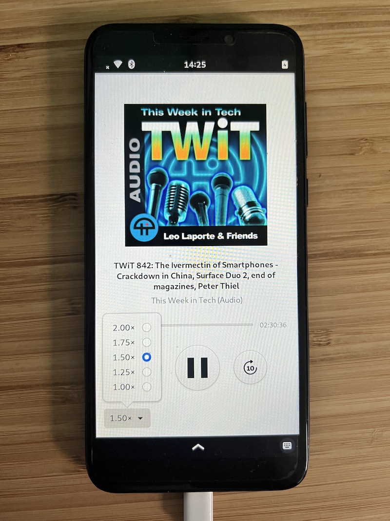 Podcasts app showing the ability to change playback speed