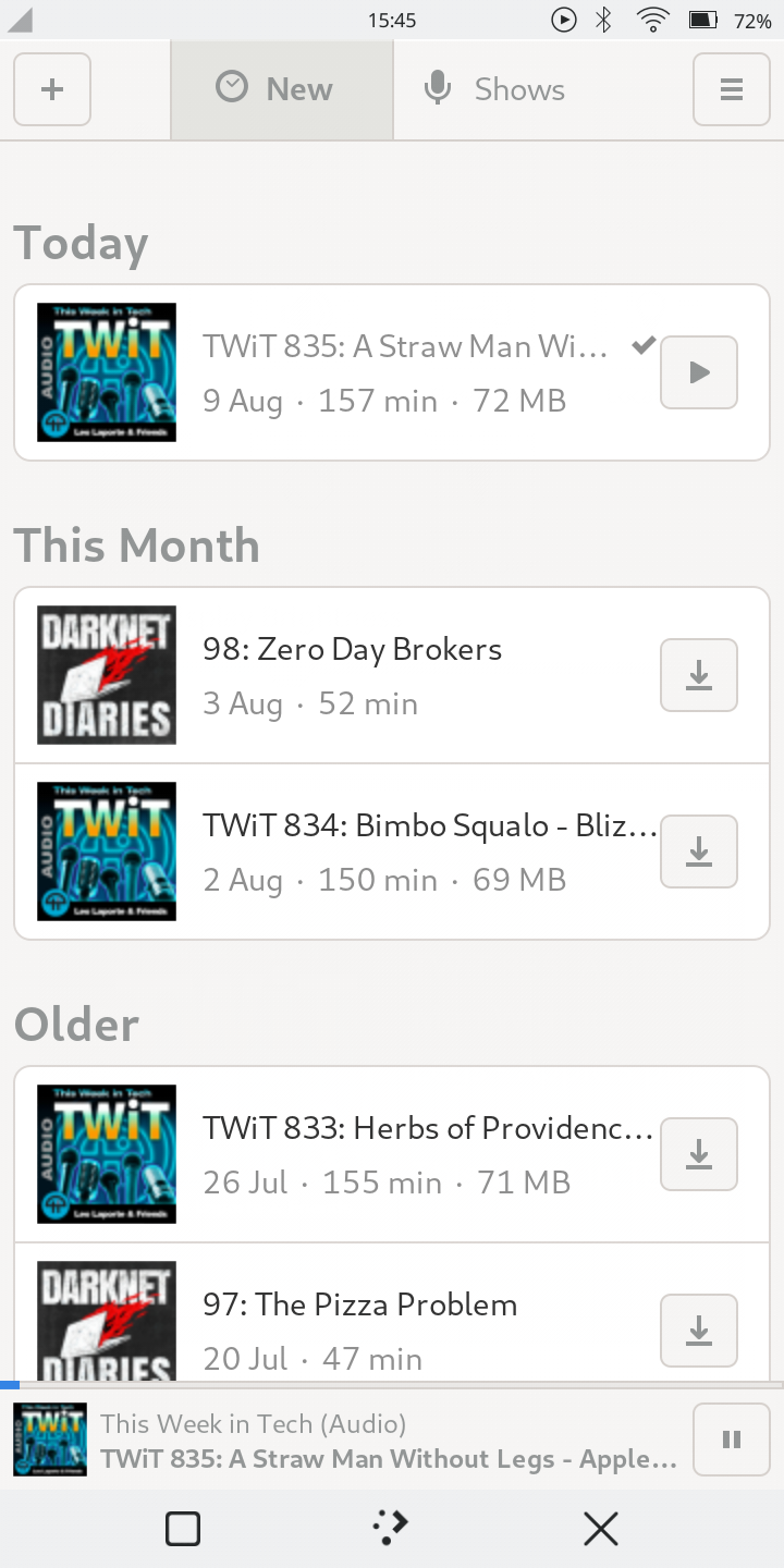 A screenshot of the Podcasts app listing some of my subscriptions