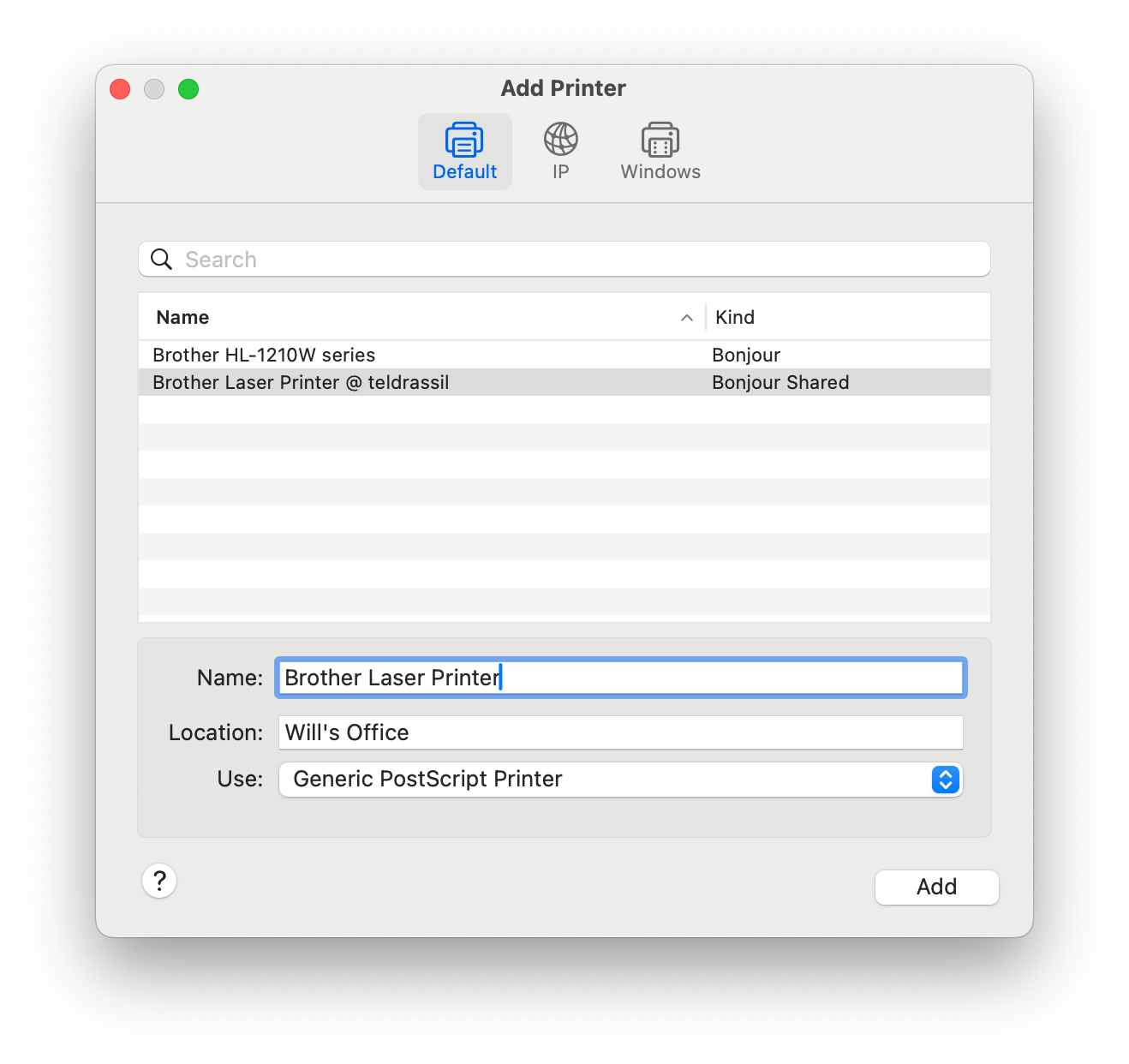 macOS “Add Printer” dialog showing the printer