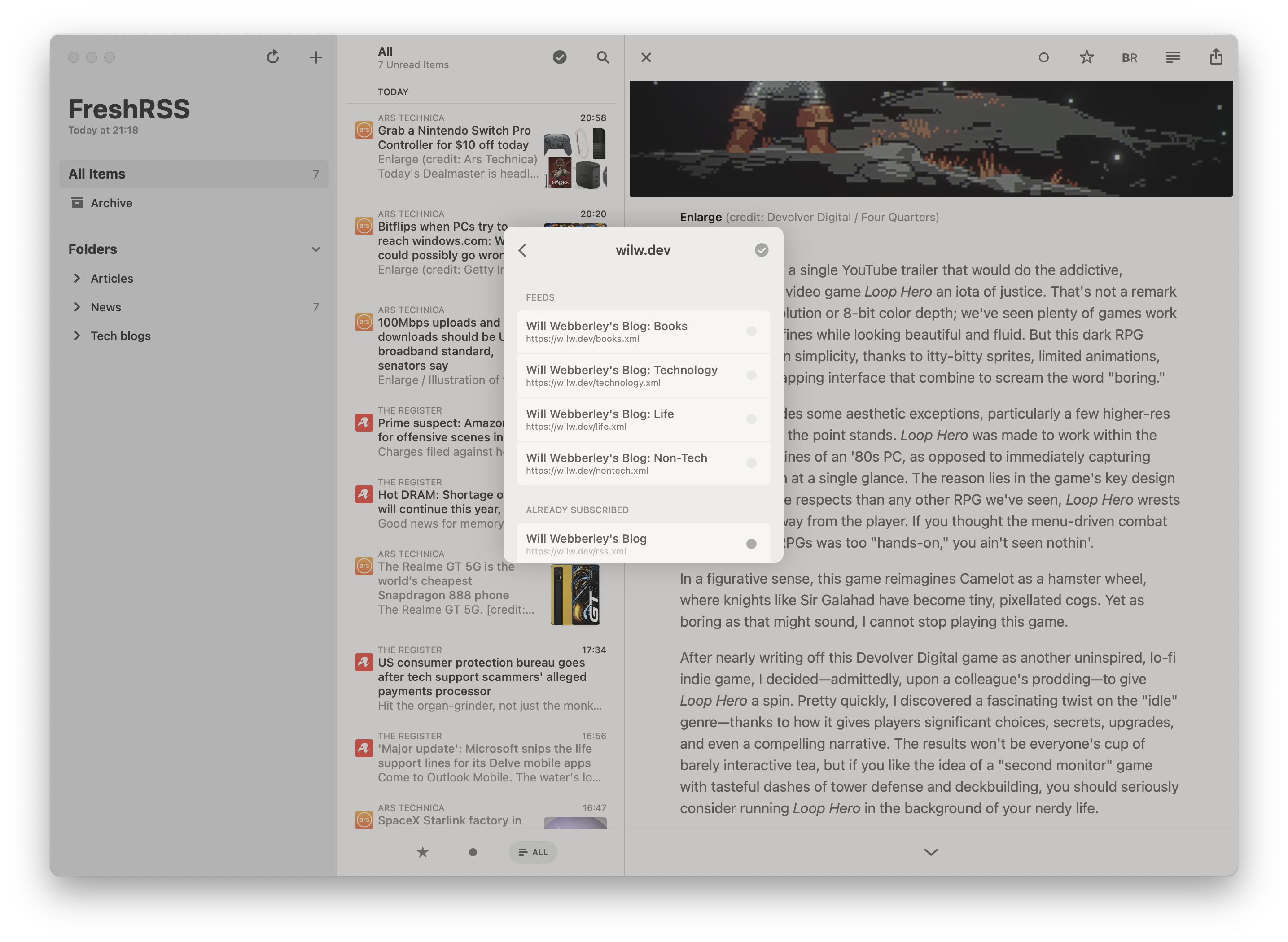 A screenshot showing the Reeder app auto-listing my website's feeds