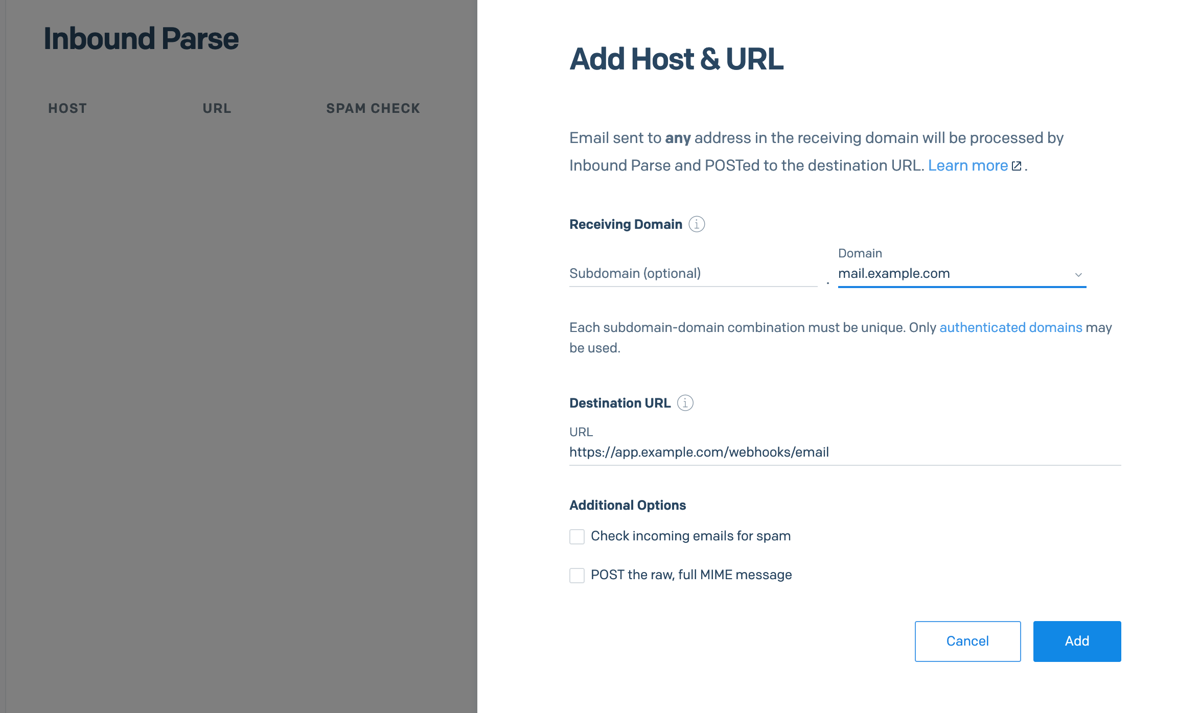 Sendgrid Inbound Parse interface: creating a new webhook URL