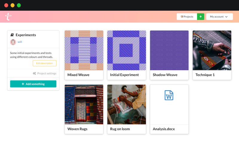 Treadl&rsquo;s project view, listing some files and weaving patterns