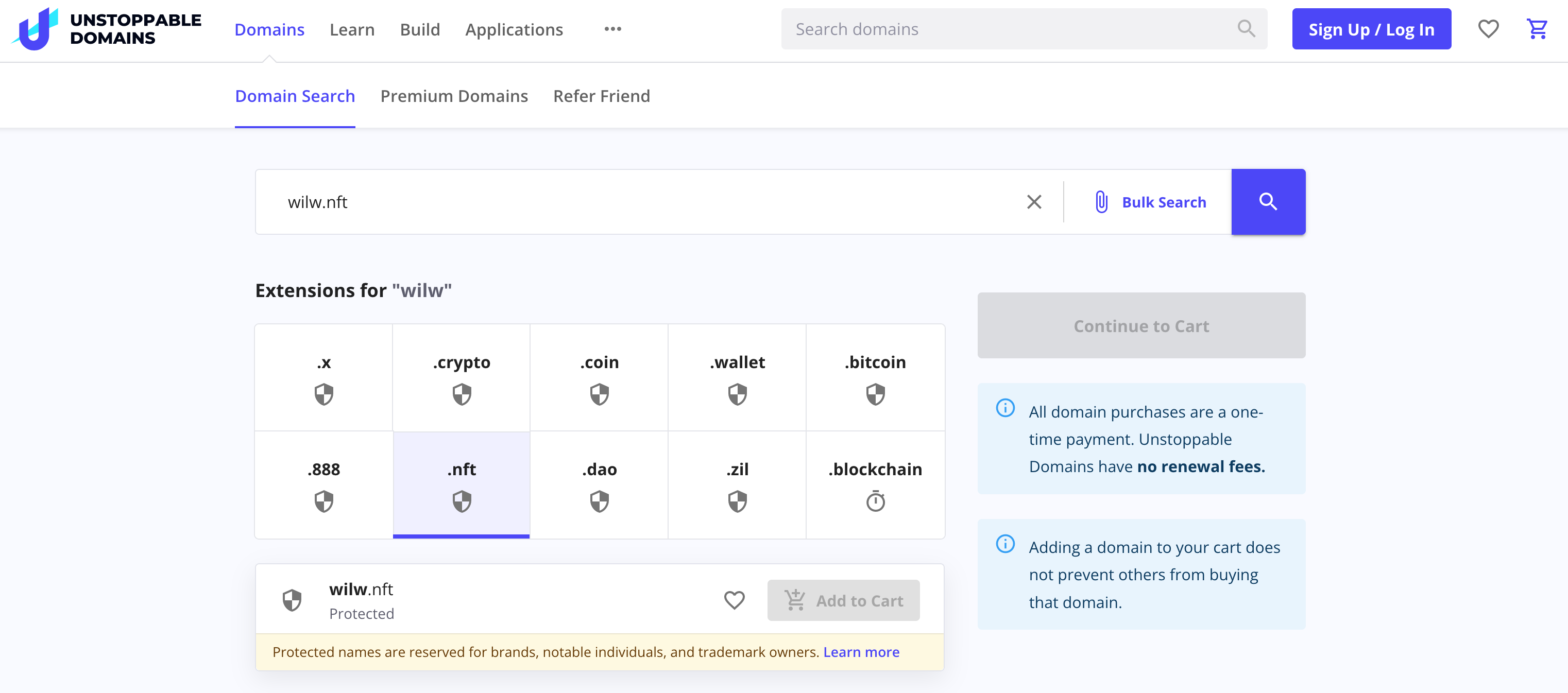 Unstoppable Domains domain-search, showing wilw.nft as &ldquo;protected&rdquo;